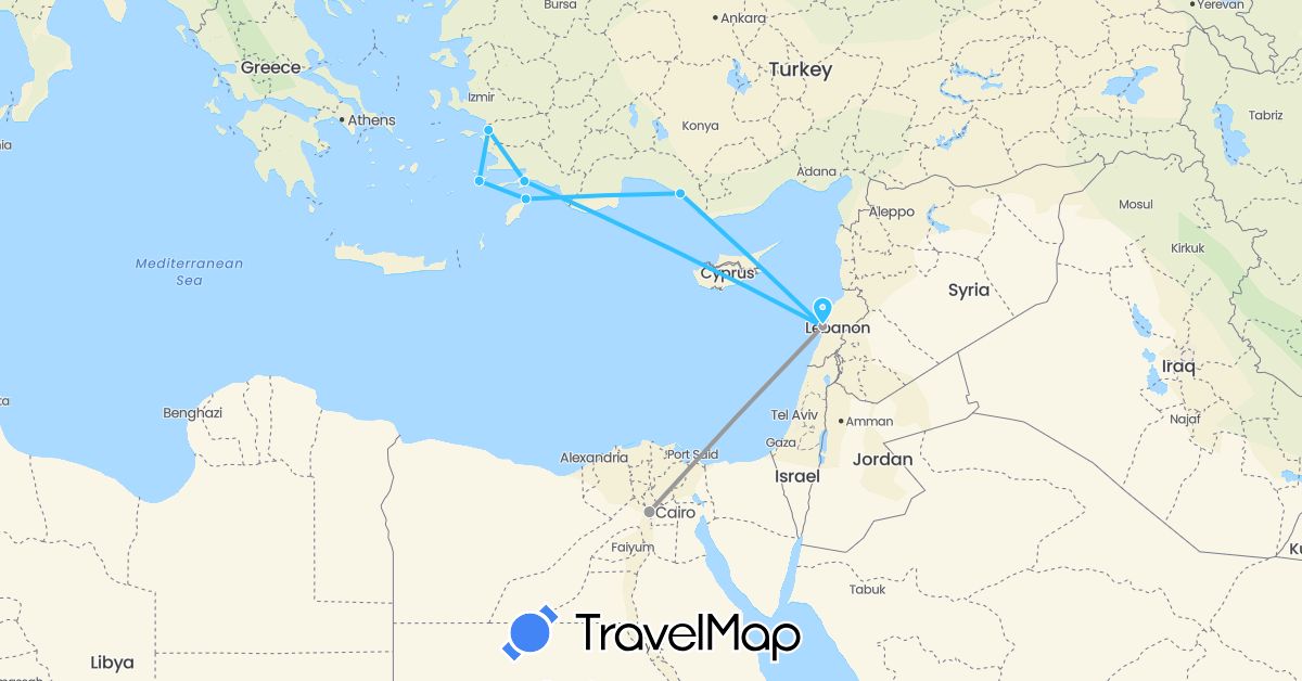TravelMap itinerary: plane, boat in Egypt, Greece, Lebanon, Turkey (Africa, Asia, Europe)